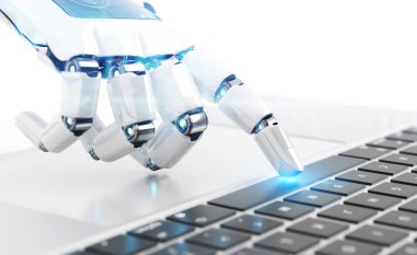 Beyaz robot cyborg el laptop 3d rende üzerinde bir klavye tuşuna basarak