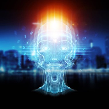 Robot cyborg baş yapay zeka 3d render öğrenme