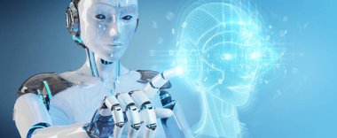 Dijital yapay zeka kafa Interfac kullanarak beyaz robot