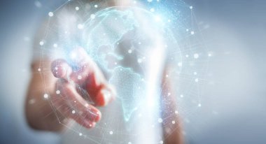 İşadamı Amerika'yı kullanarak Amerika haritası küre ağ hologram 3d rend