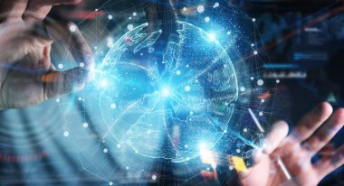 Avrupa harita küre ağ hologram 3d rend kullanarak işadamı el