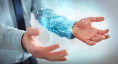 Dijital yapay zeka kafa arayüzünü kullanan işadamı