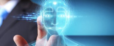 Dijital yapay zeka kafa arayüzünü kullanan işadamı