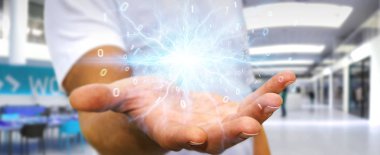 İşadamı yenilenebilir ve sürdürülebilir eko enerji 3d ren oluşturma