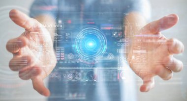 Verileri 3D ile dijital teknolojik arayüz kullanan işadamı 