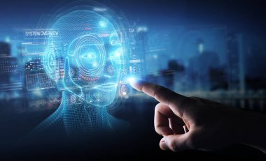 Dijital yapay zeka kafa arayüzünü kullanan işadamı