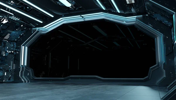 Dark blue spaceship futuristic interior mockup with window 3d re — Stock Photo, Image