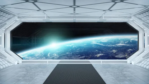 Weiß blaues Raumschiff futuristisches Interieur mit Fensterblick auf pla — Stockfoto