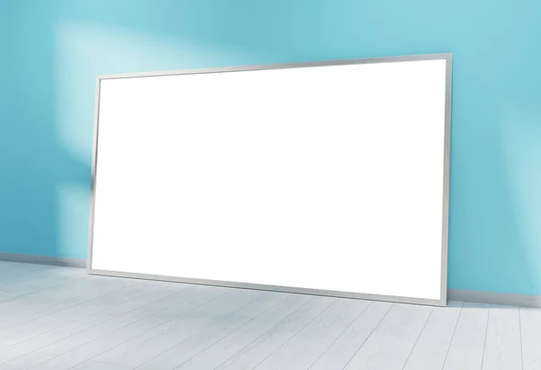 Grand cadre horizontal appuyé sur un mur bleu rendu 3D — Photo