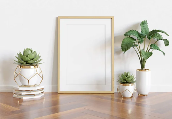 Cadre en bois penché à l'intérieur blanc vif avec des plantes et de — Photo