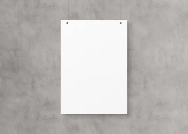 Poster bianco isolato appeso da corde su parete mockup 3D rende — Foto Stock