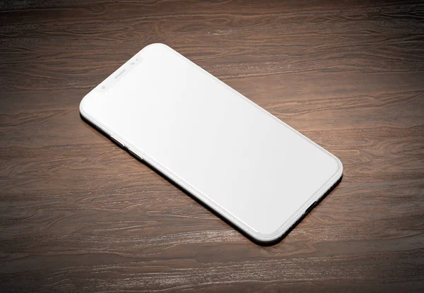 รูปแบบสมาร์ทโฟนสมัยใหม่สีขาวบนไม้ 3D — ภาพถ่ายสต็อก