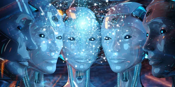 Grupo de cabeças de robôs femininos criando rede de esfera digital 3d — Fotografia de Stock