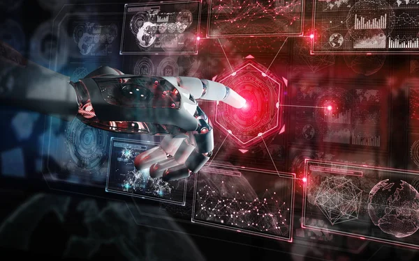 Red robot hacking a system with digital screens 3D rendering — Stock Photo, Image