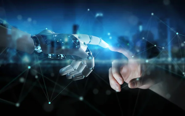 Robot kezét kapcsolatot emberi kéz a sötét háttér, 3d — Stock Fotó