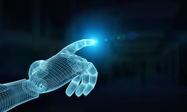 Wireframed azul robô mão apontando dedo na renderização 3D escuro — Fotografia de Stock
