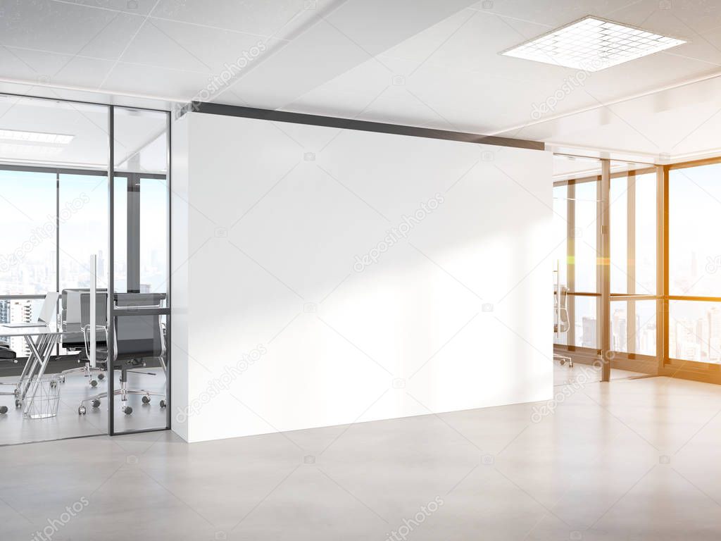 Blank white wall in bright concrete office with large windows Mockup 3D rendering
