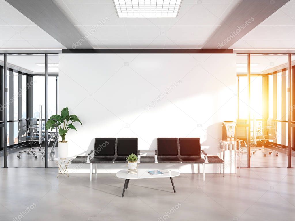 Blank white wall in bright concrete waiting room with large windows Mockup 3D rendering