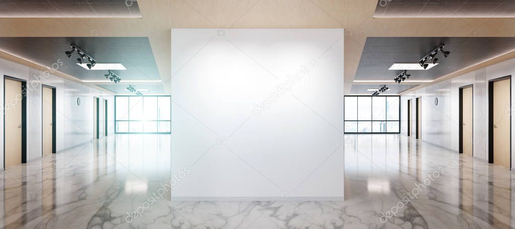 Blank wall in bright marble and wooden office mockup with large windows and sun passing through 3D rendering