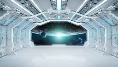 Beyaz mavi uzay gemisi fütüristik iç pencere manzaralı pla