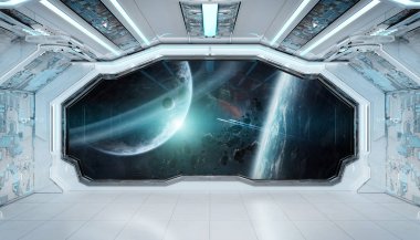 Beyaz mavi uzay gemisi fütüristik iç pencere manzaralı spa