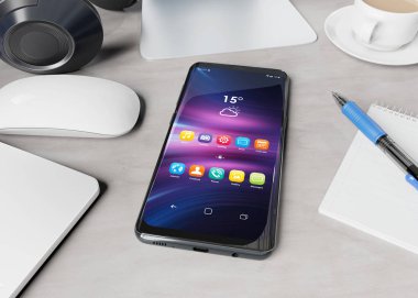Modern smartphone masaüstü mockup 3d render döşeme