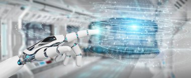 Beyaz robot el dijital küre bağlantı hologram 3d ren kullanarak