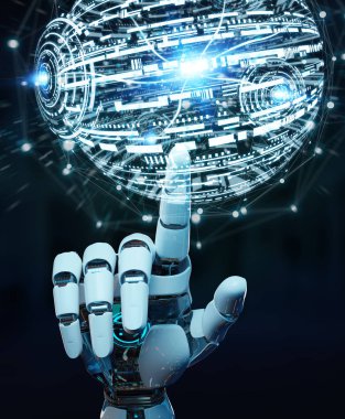 Beyaz robot el dijital dünya hud arabirimi 3d işleme kullanarak