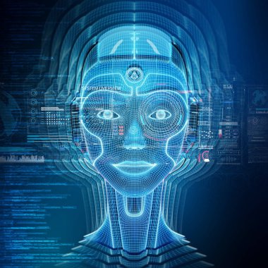 Bir robot cyborg baş kavramı 3d render ile akıllı makine