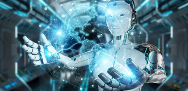 Beyaz robot kullanarak ağ hologram Amerika ABD ile dünya harita 3d