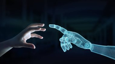 Wireframed Robot el temas karanlık 3d insan eliyle 