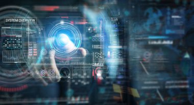 Verileri 3D ile dijital teknolojik arayüz kullanan işadamı 