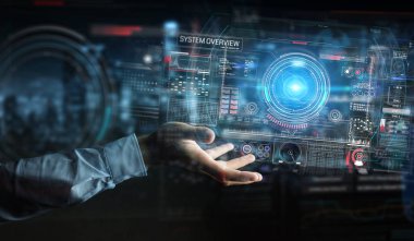 Verileri 3D ile dijital teknolojik arayüz kullanan işadamı 