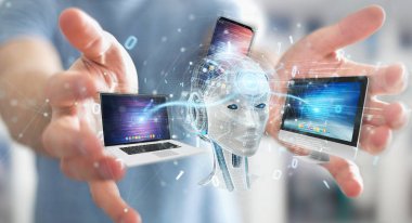 Beyaz insanımsı modern cihazlarla 3d r kontrol kullanarak iş adamı