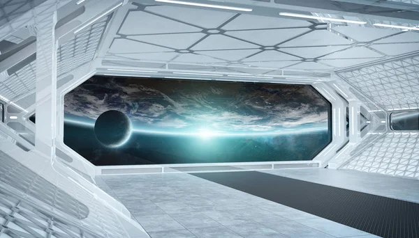 White blue spaceship futuristic interior with window view on pla