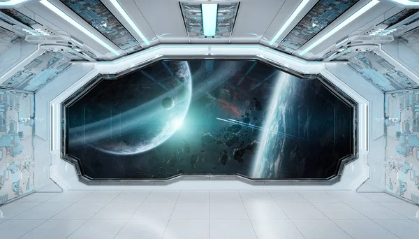 Futurystyczne wnętrza biały niebieski statek kosmiczny z okna widok na spa — Zdjęcie stockowe