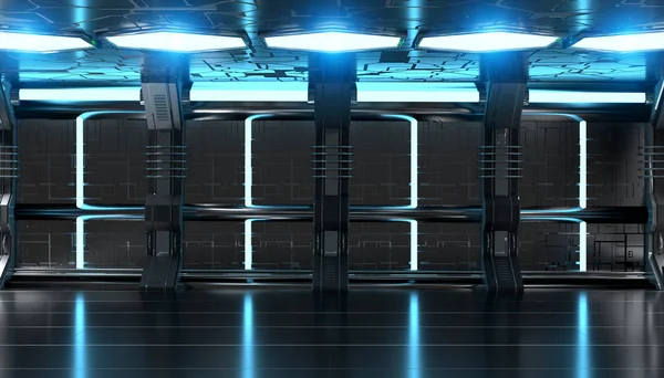 Темно-синий космический корабль футуристический интерьер с технологической стеной 3d — стоковое фото
