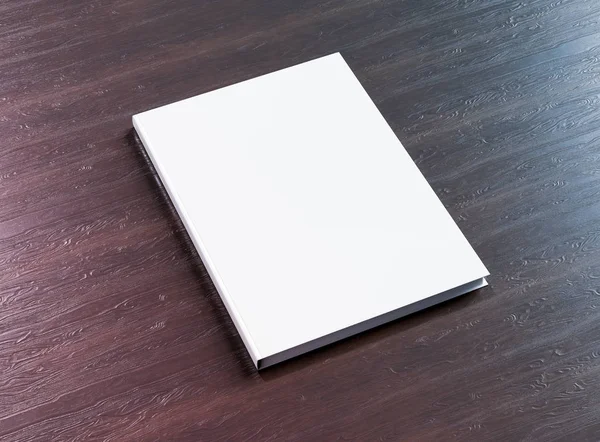 Libro de tapa dura en blanco maqueta en la representación 3D de madera —  Fotos de Stock