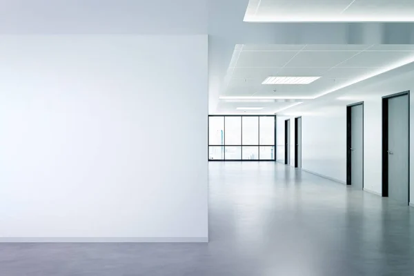 Blank wall in office mockup with large windows and sun passing t — Stock Photo, Image