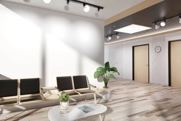 木製の待待室モックアップ3Dレンダリングの空白の白い壁 — ストック写真