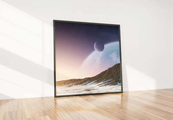 Ahşap zemin m ile parlak beyaz iç yaslanmış siyah çerçeve — Stok fotoğraf