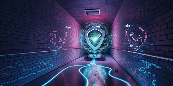 Holograma de segurança cibernética subterrânea com escudo digital 3D rende — Fotografia de Stock