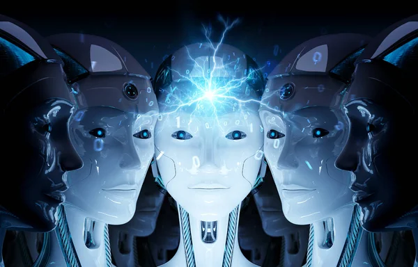 Ομάδα θηλυκό ρομπότ κεφάλια δημιουργία ψηφιακής σύνδεσης 3d ενοικιαζομένων — Φωτογραφία Αρχείου