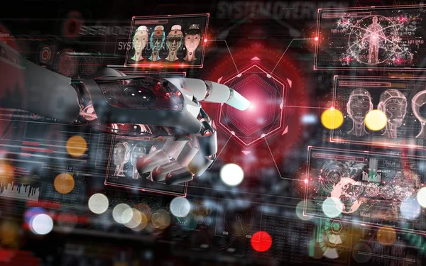 Robot rojo hackeando un sistema con pantallas digitales renderizado 3D —  Fotos de Stock