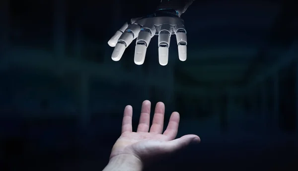 Robot mano haciendo contacto con la mano humana sobre fondo oscuro 3D —  Fotos de Stock