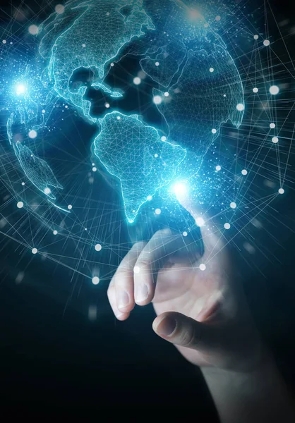 Amerika ABD harita dünya ağ hologram 3D kullanarak işadamı el
