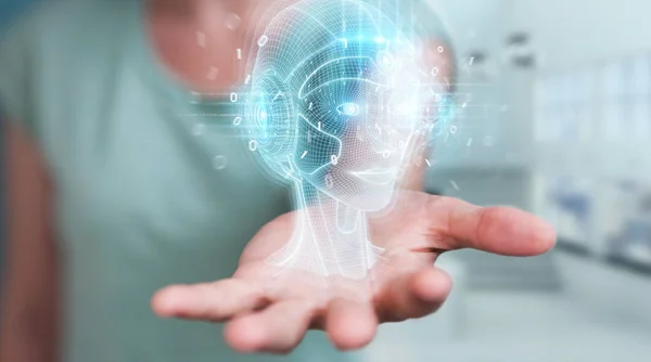 Жінка використовує інтерфейс голови цифрового штучного інтелекту 3D re — стокове фото