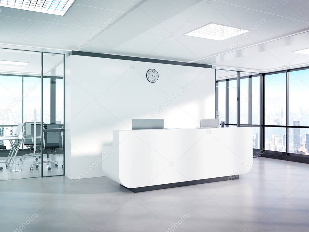 Blank white reception desk in bright concrete office with large windows Mockup 3D rendering