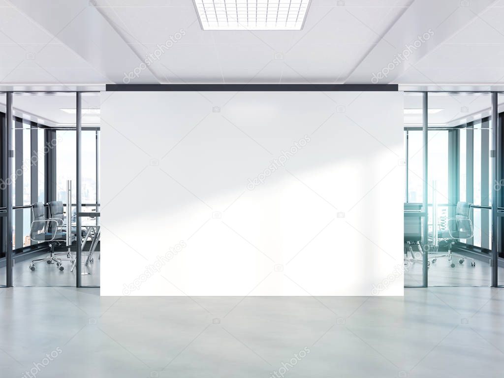 Blank white wall in bright concrete office with large windows Mockup 3D rendering