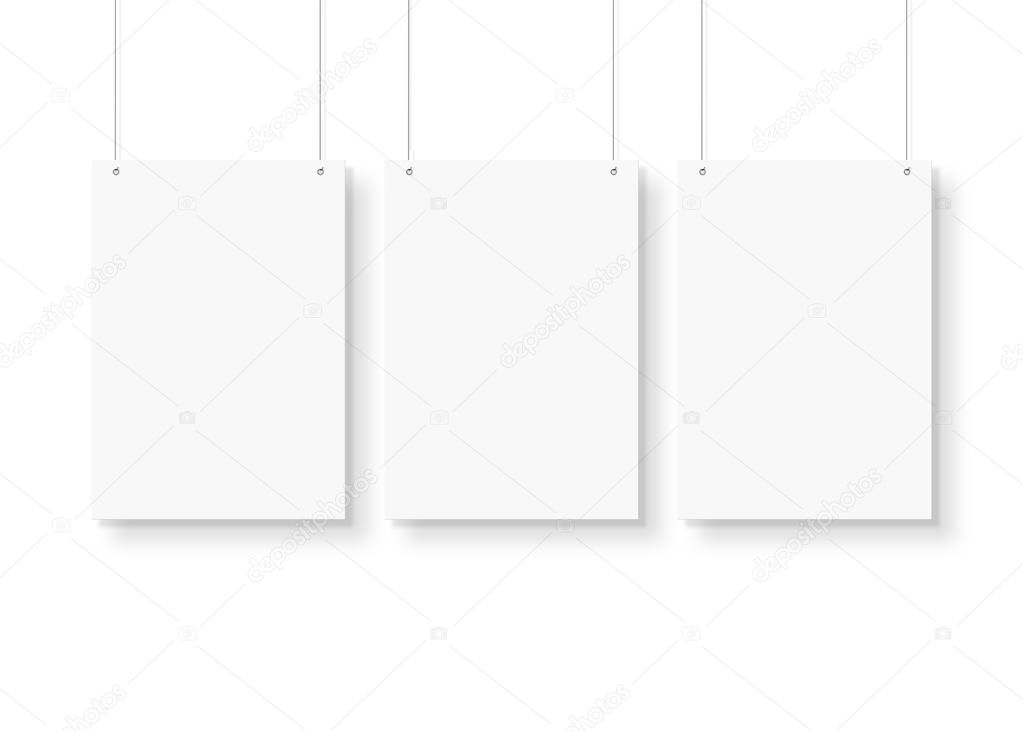 White poster isolated hanging by strings on wall mockup 3D rende